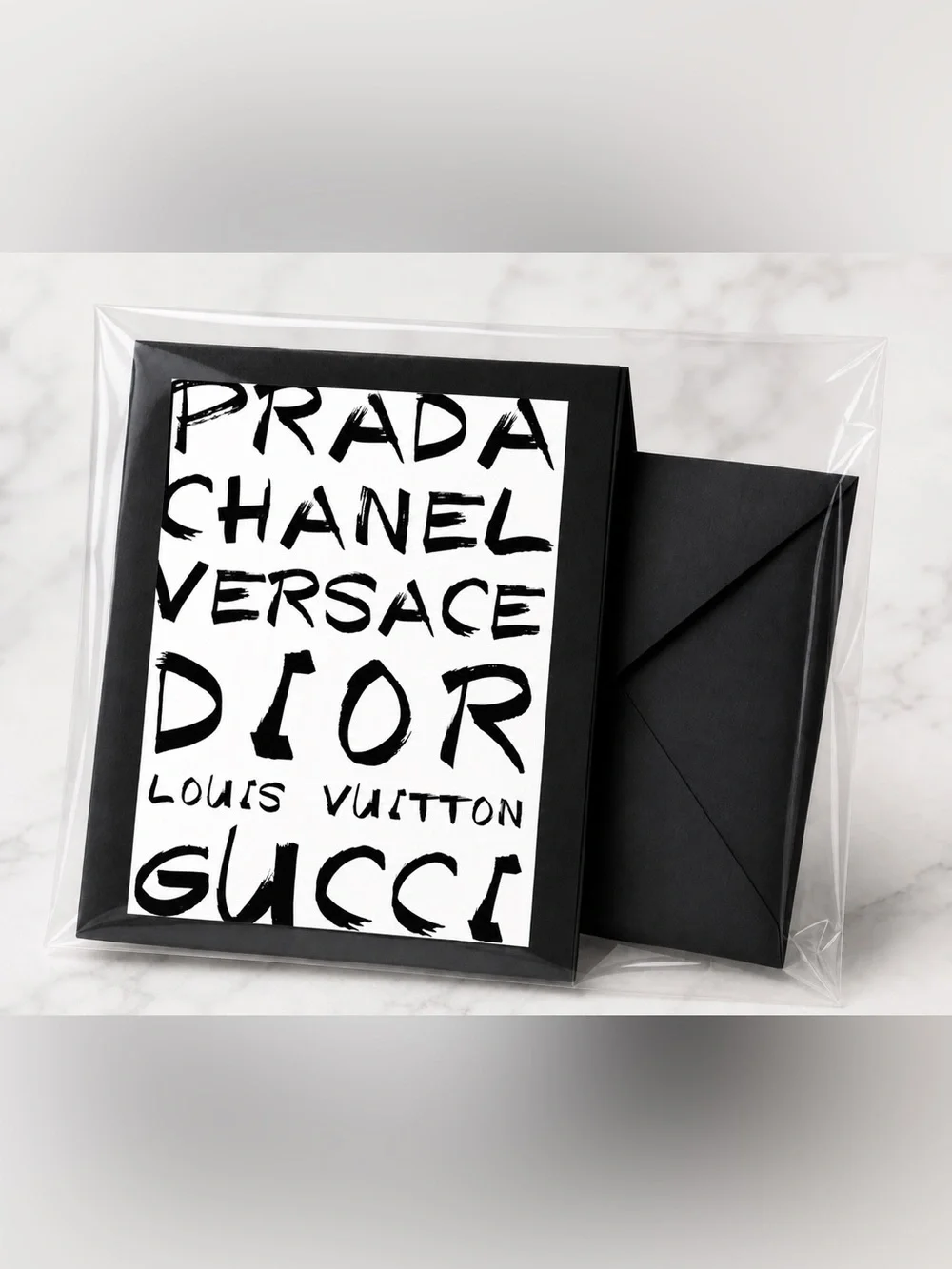 Prada, Chanel, Versace, Dior, Louis Vuitton, and Gucci Graphic Print Card Set